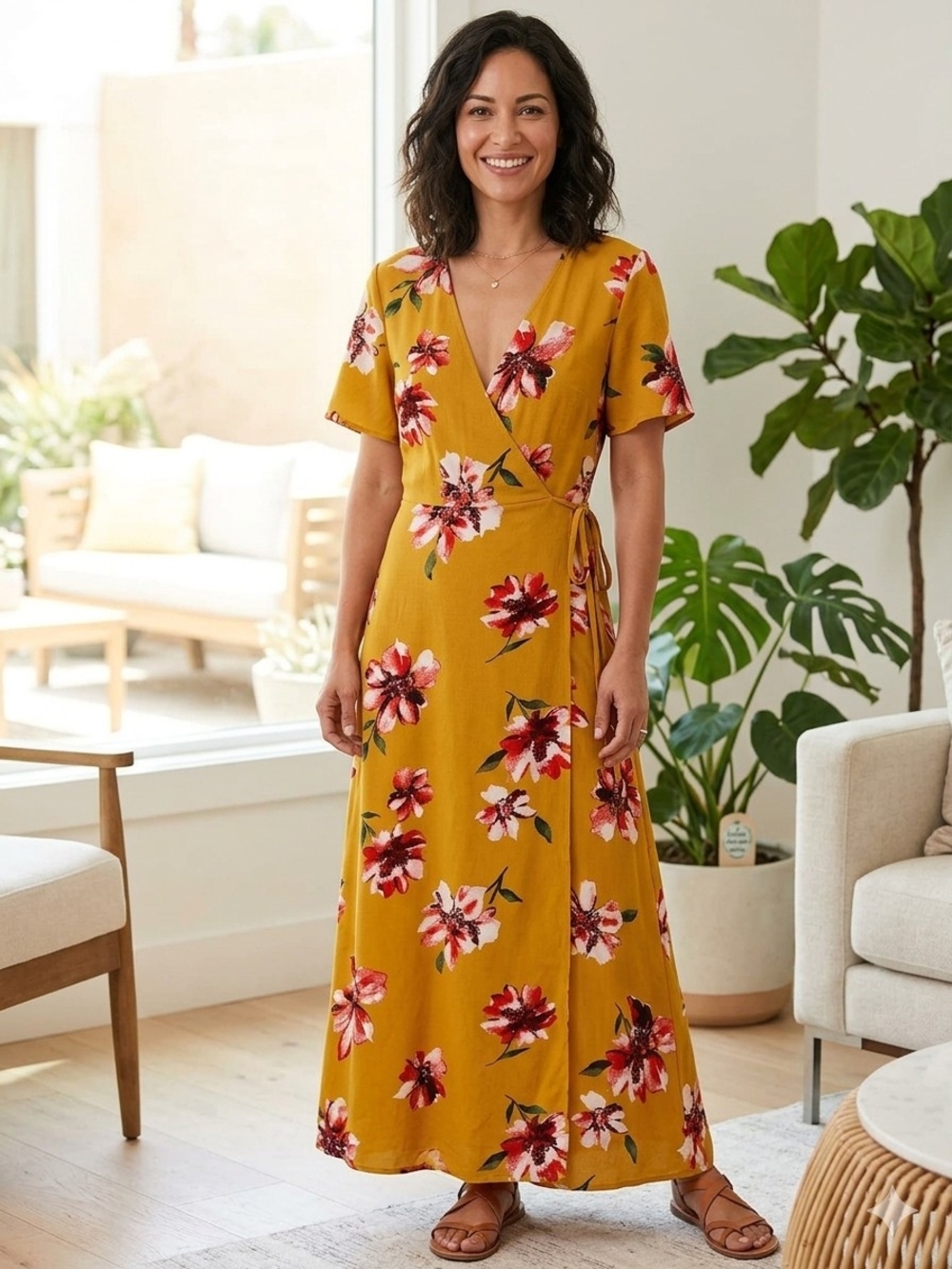 Magnolia Skye Mustard Floral Wrap Maxi Dress with Pink & Red Flowers